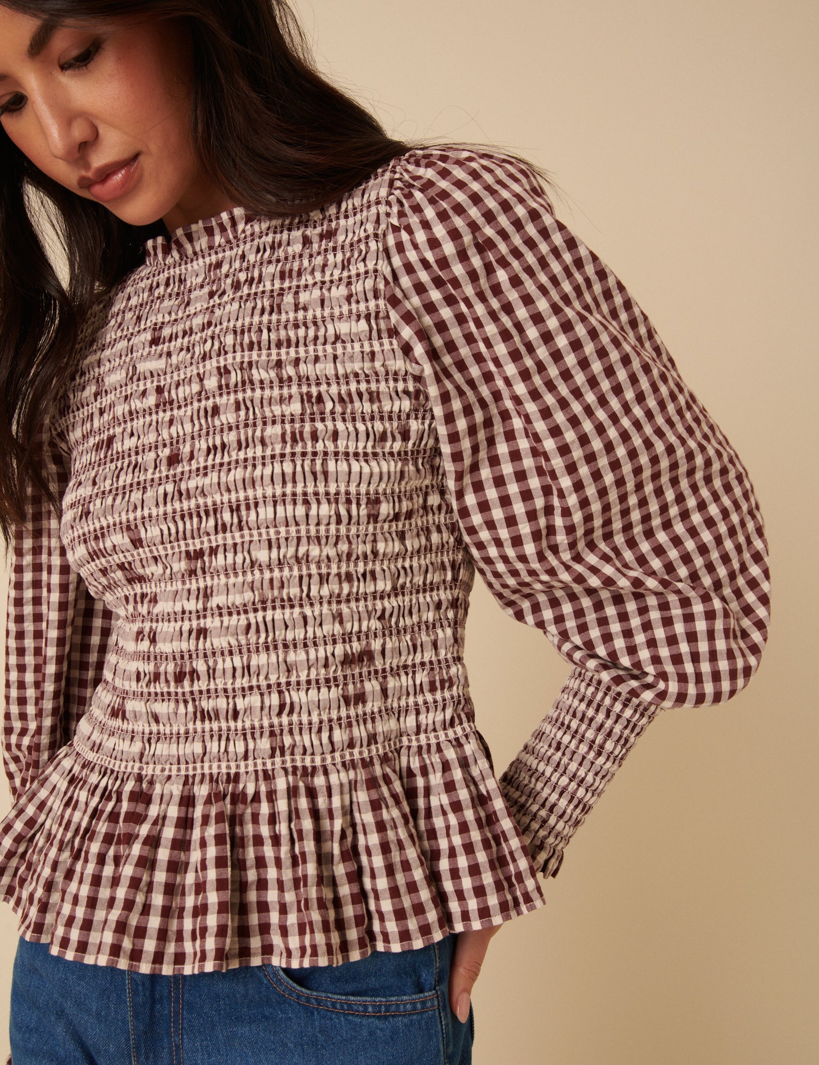 Brown Gingham Shirred Long Sleeve Top