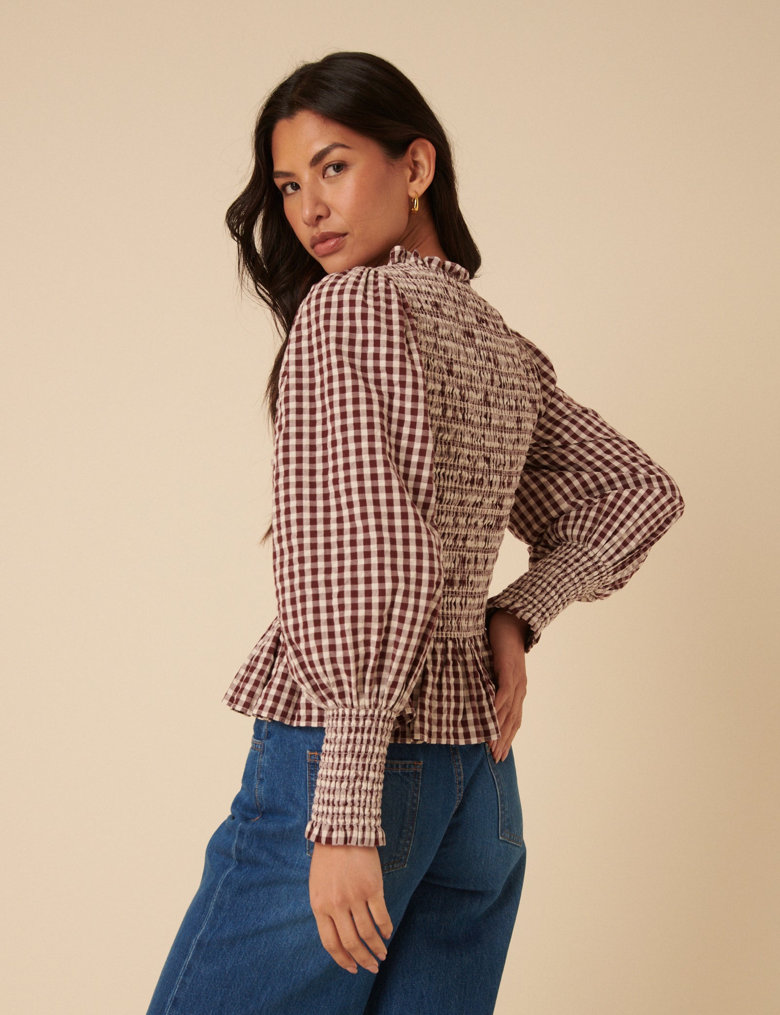 Brown Gingham Shirred Long Sleeve Top