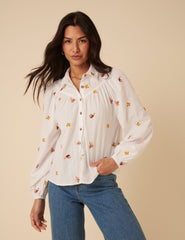 White Embroidered Balloon Sleeve Blouse