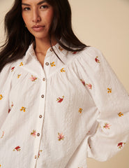 White Embroidered Balloon Sleeve Blouse