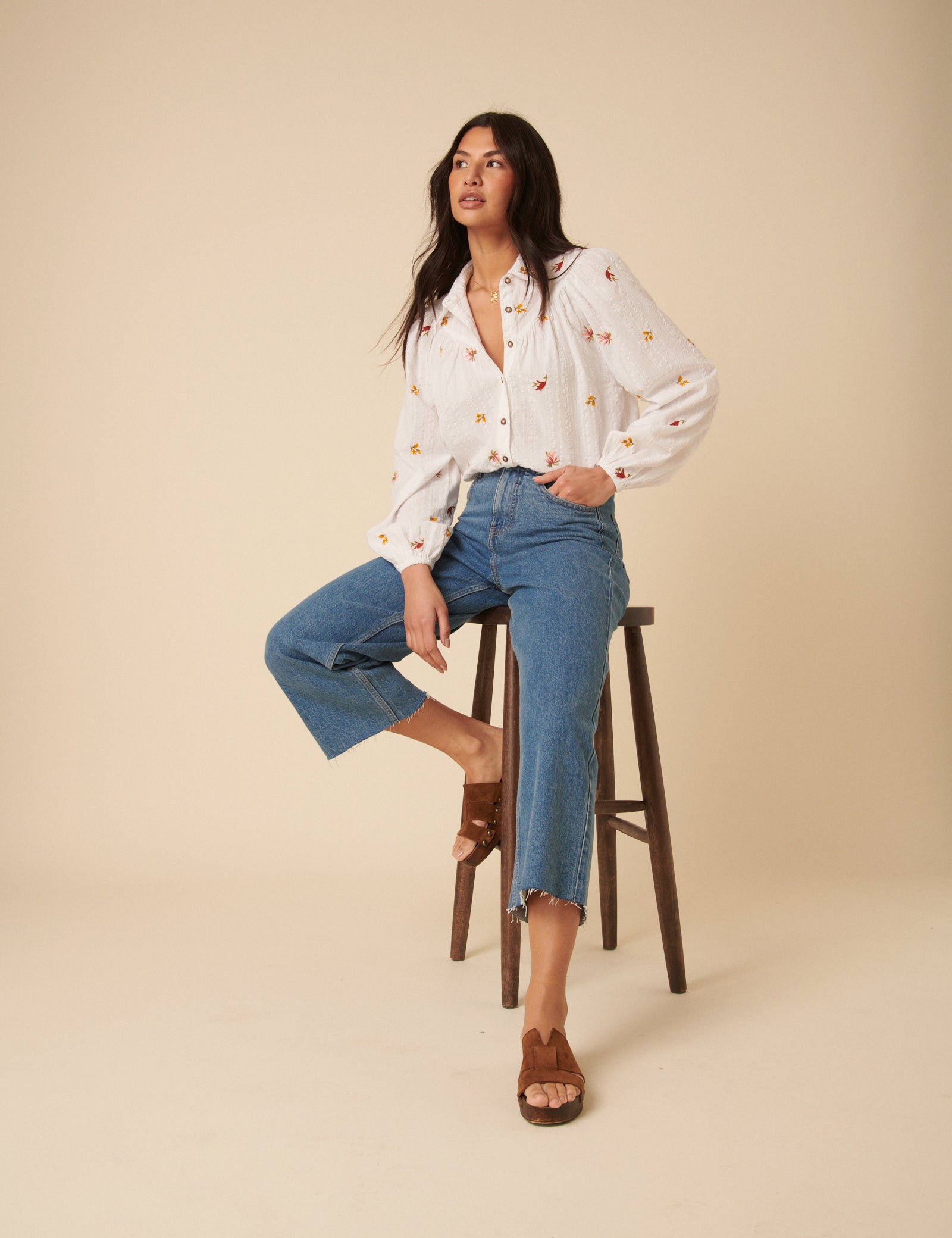 White Embroidered Balloon Sleeve Blouse