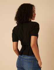 Black Short Sleeve Button Down Blouse