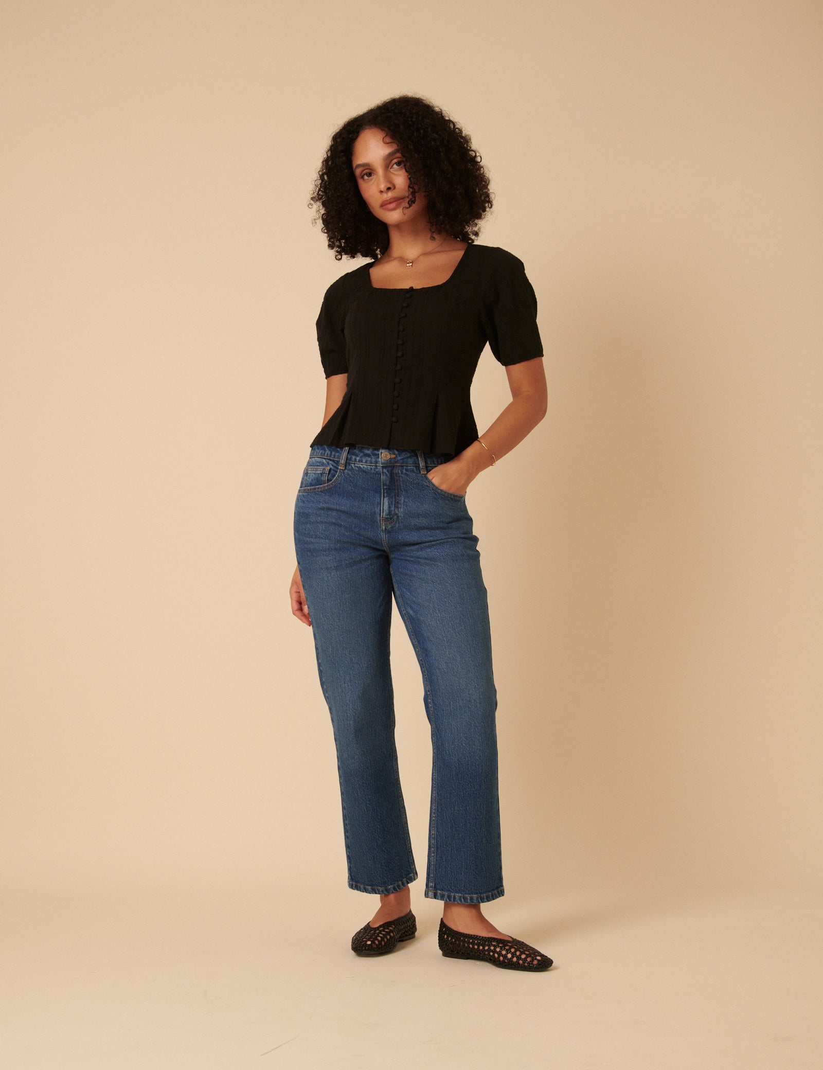 Black Short Sleeve Button Down Blouse