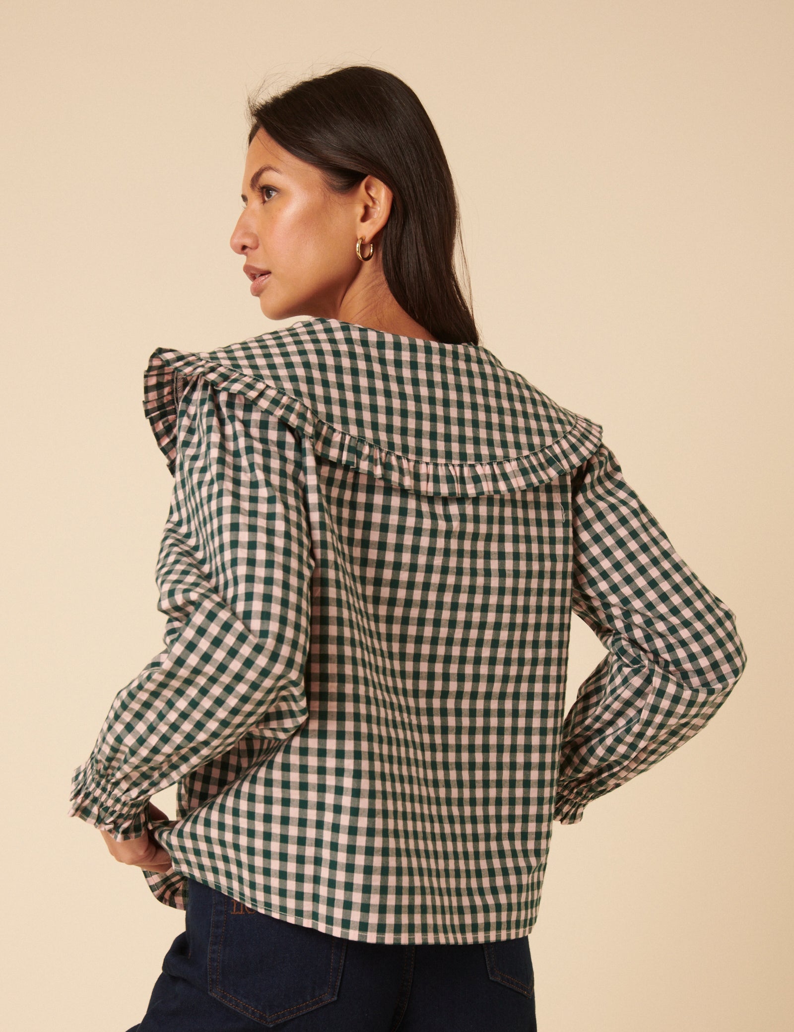 Green And Pink Gingham Collared Blouse