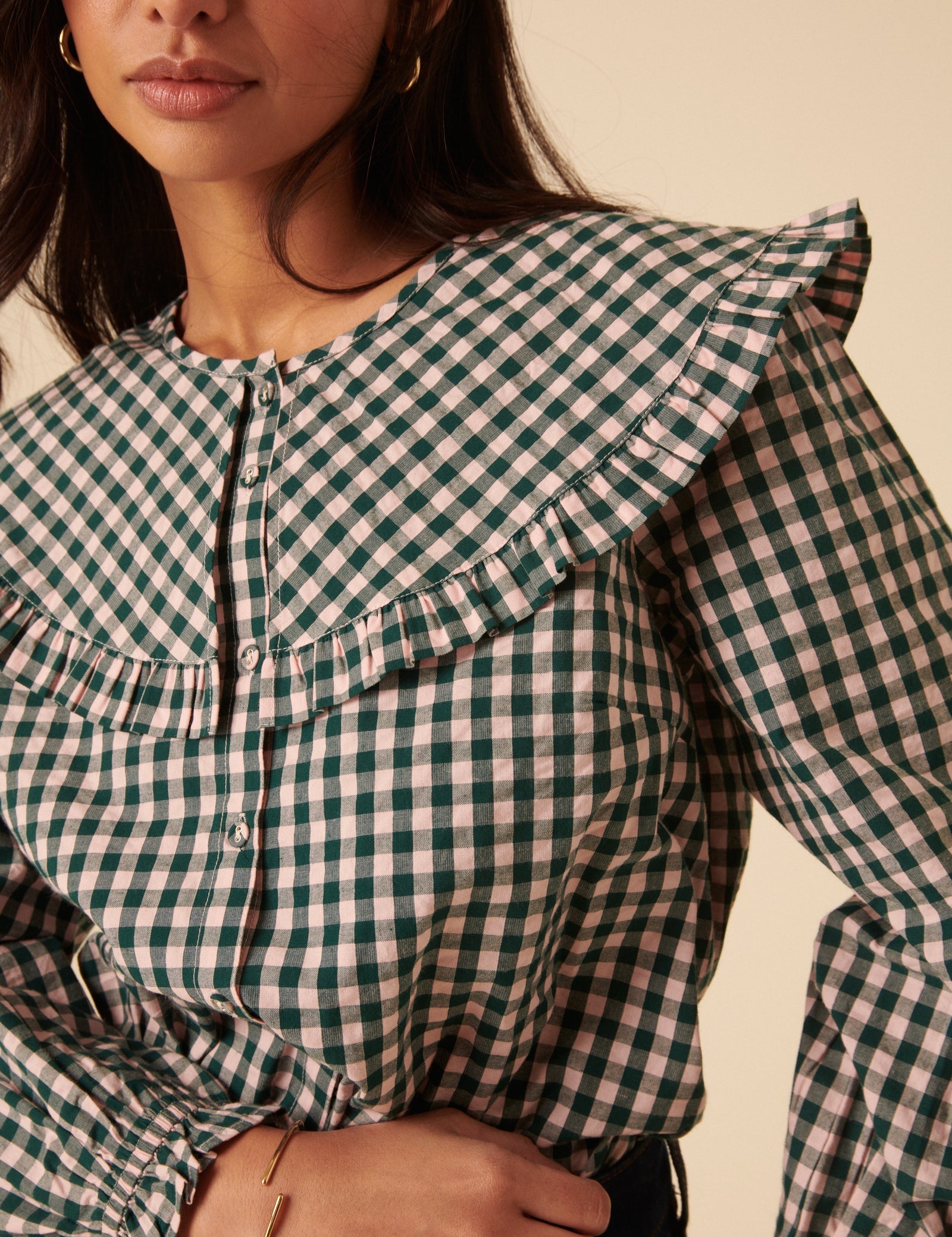 Green And Pink Gingham Collared Blouse