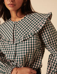 Green And Pink Gingham Collared Blouse