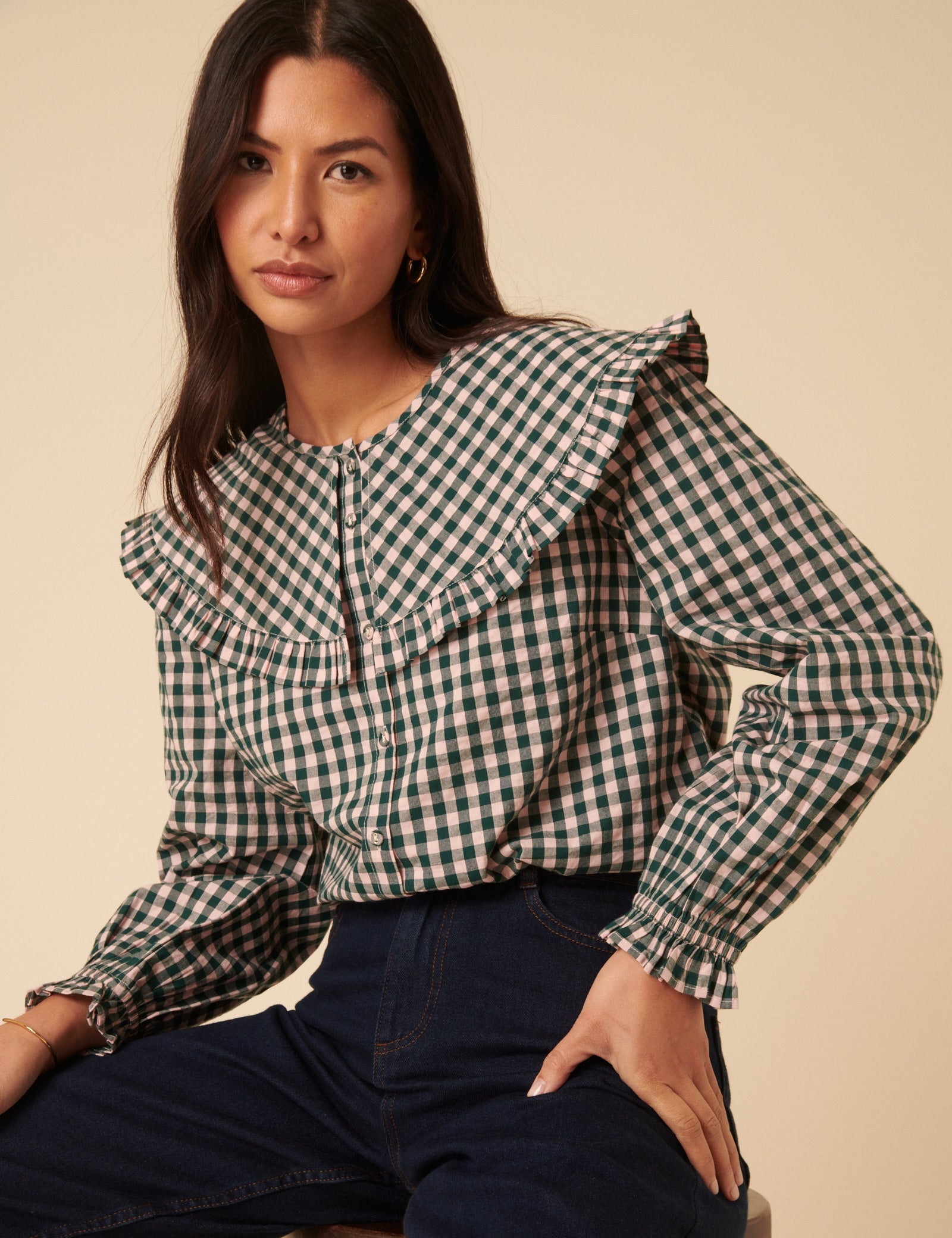 Green And Pink Gingham Collared Blouse