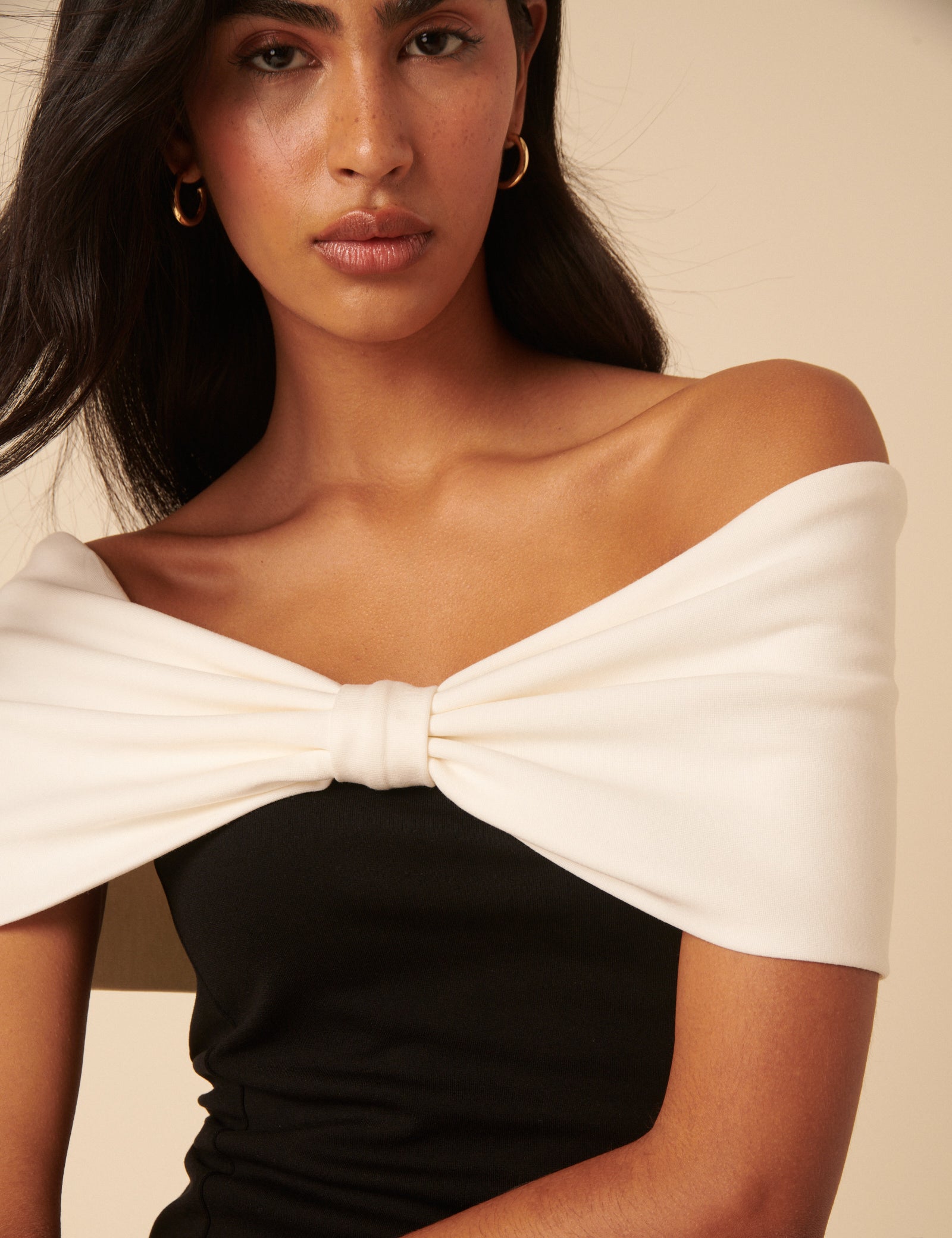 Black Bow Off Shoulder Contrast Top