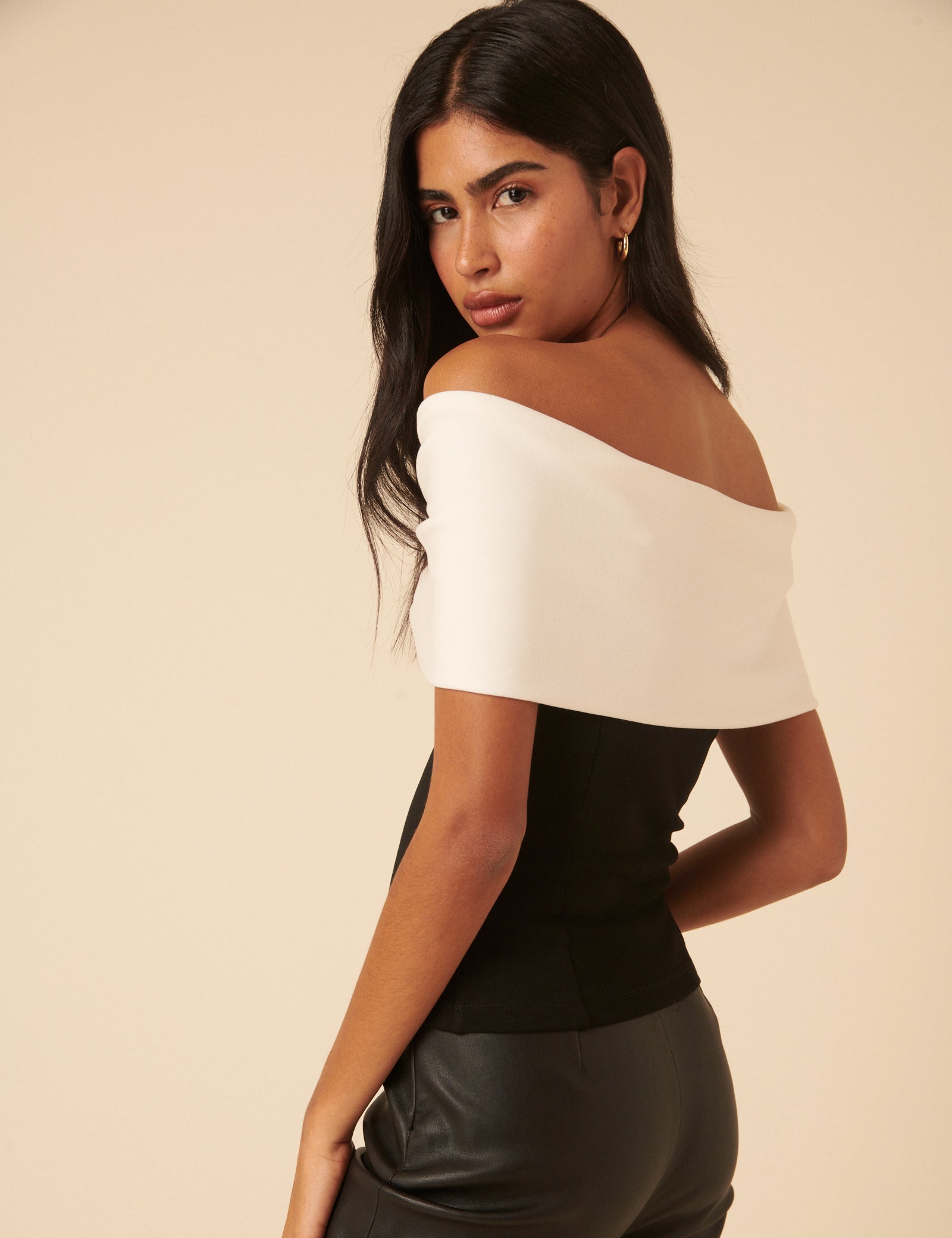 Black Bow Off Shoulder Contrast Top