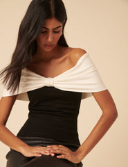 Black Bow Off Shoulder Contrast Top