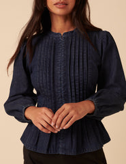 Dark Denim Pintuck Denim Blouse