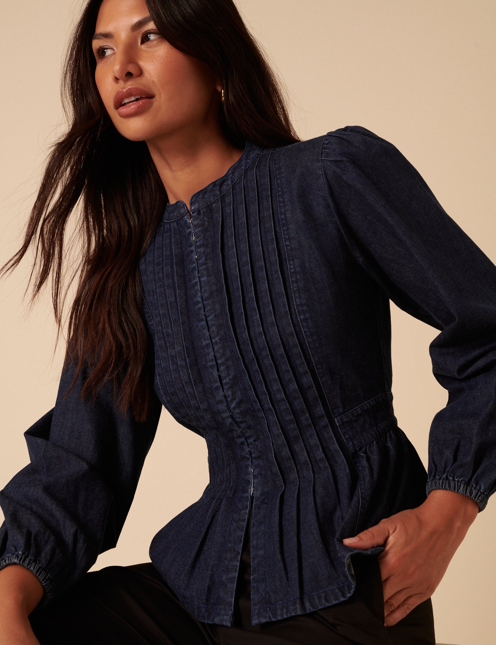 Dark Denim Pintuck Denim Blouse