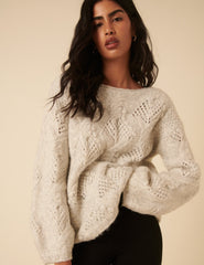 Light Grey Slash Neck Bobble Stitch Oversized Jumper