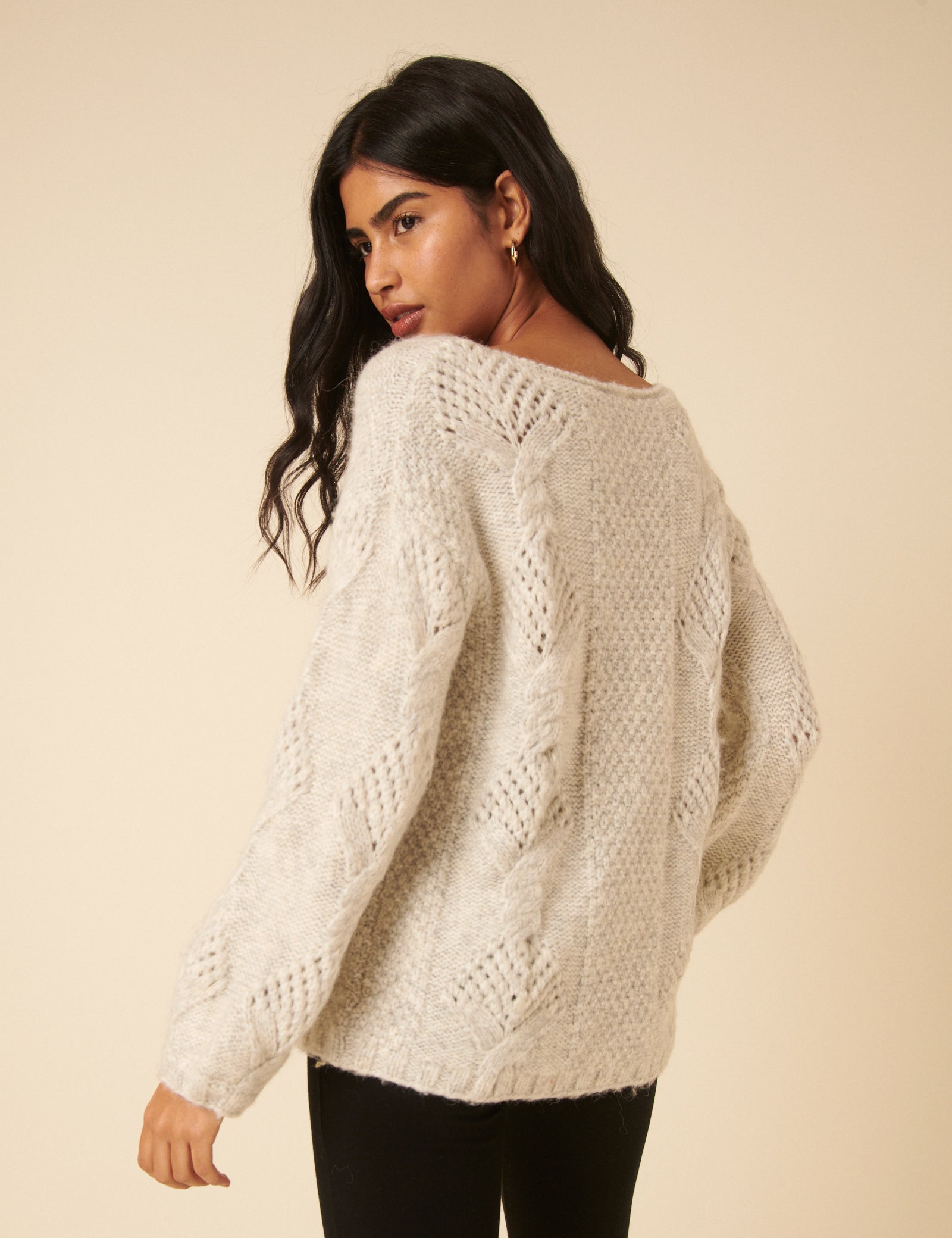 Light Grey Slash Neck Bobble Stitch Oversized Jumper
