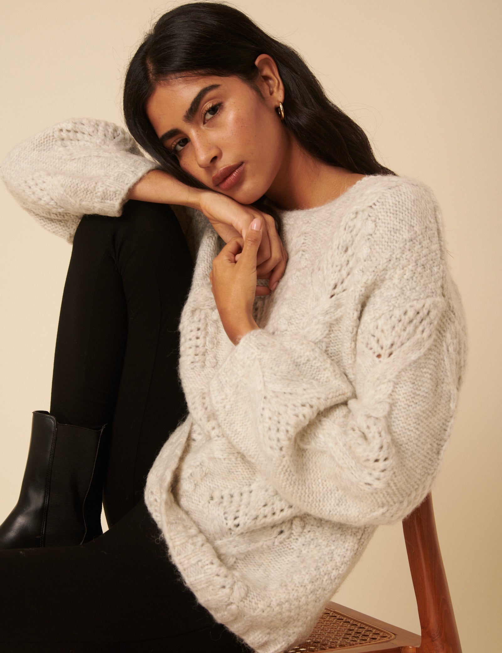 Light Grey Slash Neck Bobble Stitch Oversized Jumper