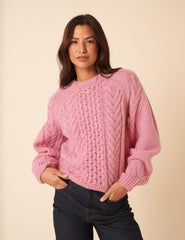Pink Wool Blend Chunky Cable Jumper