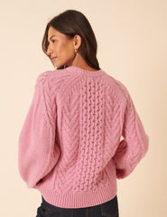 Pink Wool Blend Chunky Cable Jumper