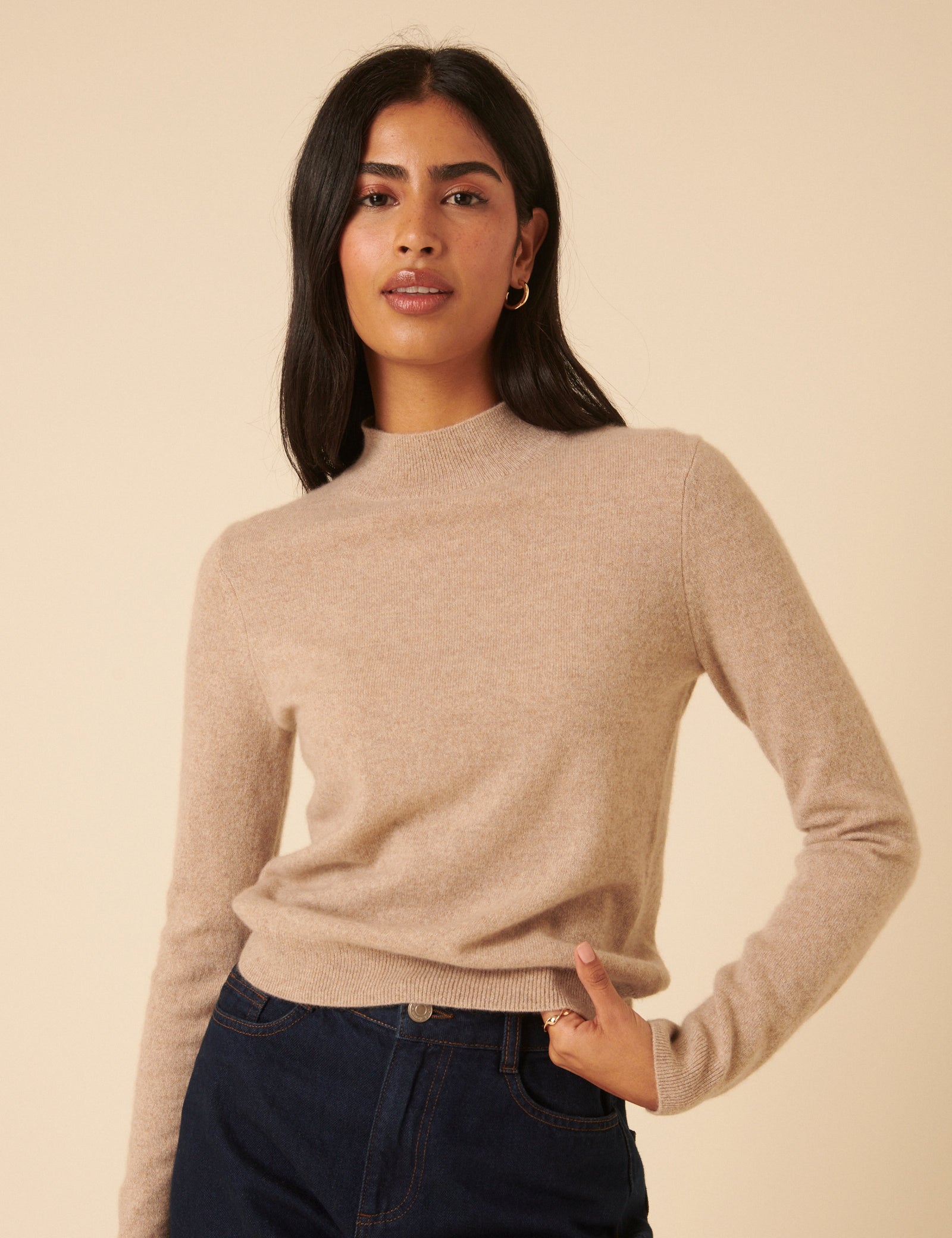 Beige Cashmere Funnel Neck Jumper