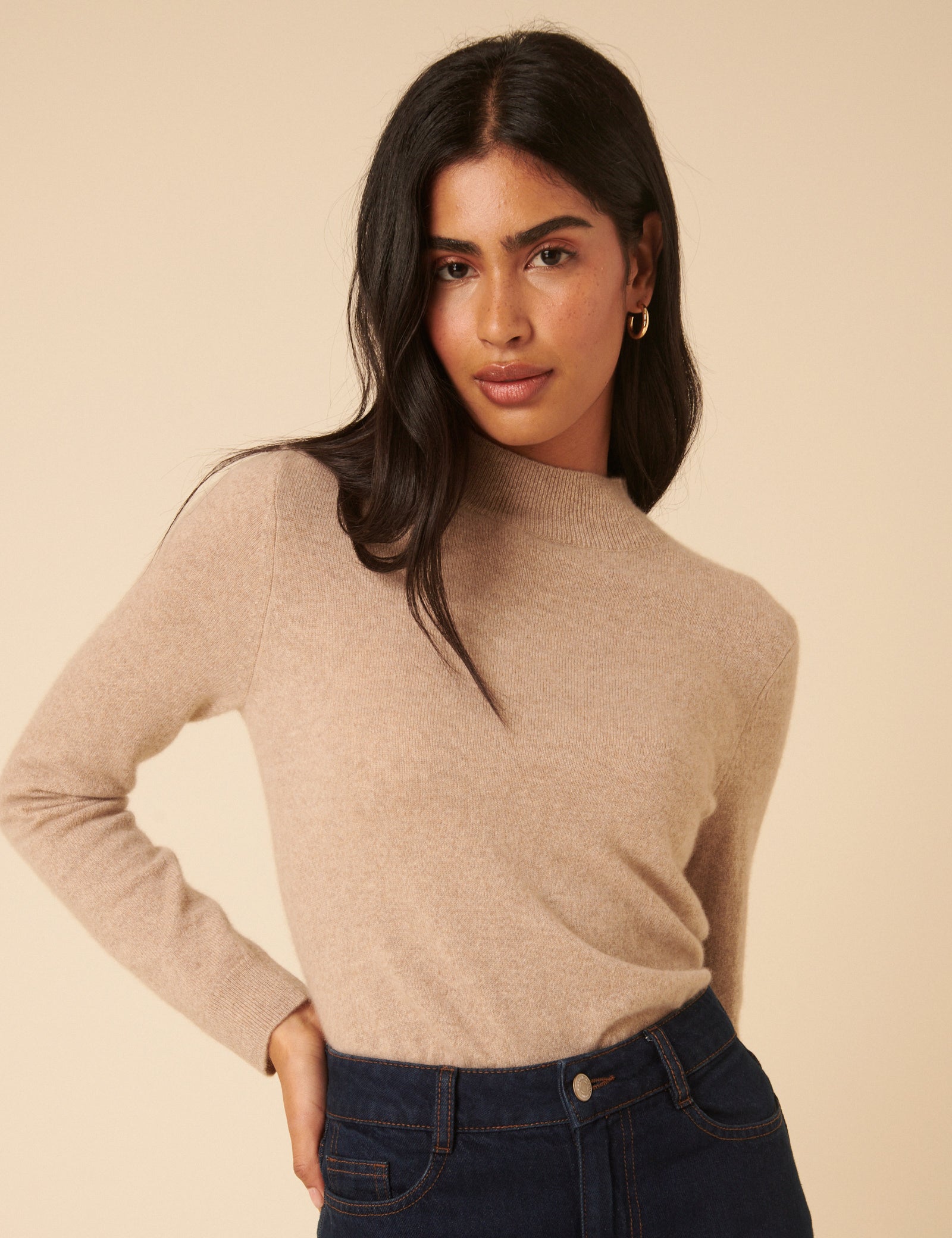 Beige Cashmere Funnel Neck Jumper