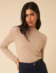 Beige Cashmere Funnel Neck Jumper