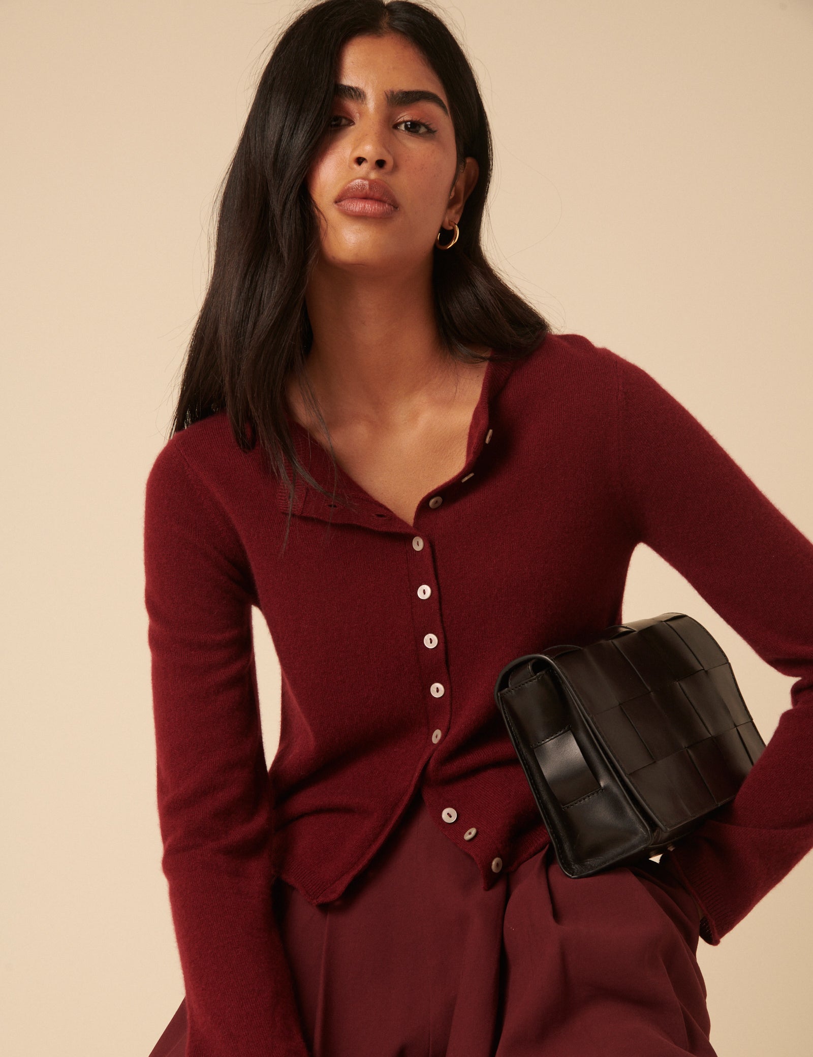 Burgundy Cashmere Crew Neck Cardigan