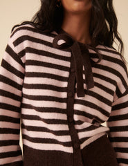 Brown And Pink Striped Tie Neck Cardigan
