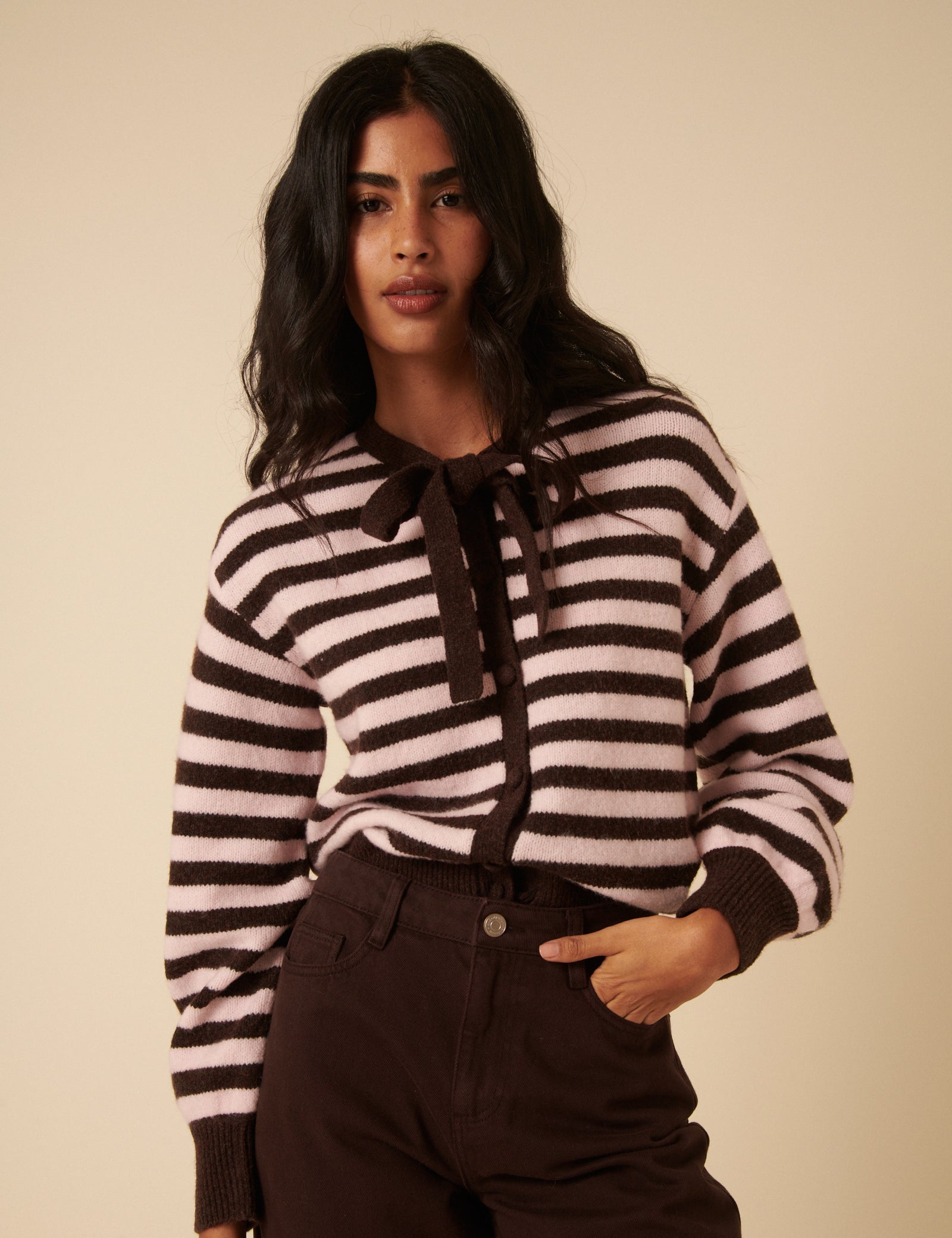 Brown And Pink Striped Tie Neck Cardigan