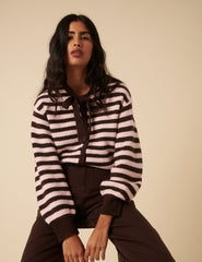 Brown And Pink Striped Tie Neck Cardigan