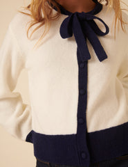 White Contrast Trim Tie Neck Cardigan