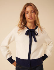 White Contrast Trim Tie Neck Cardigan