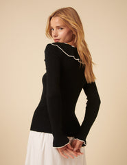Black Ruffle Collar Ruffle Collar Knitted Top