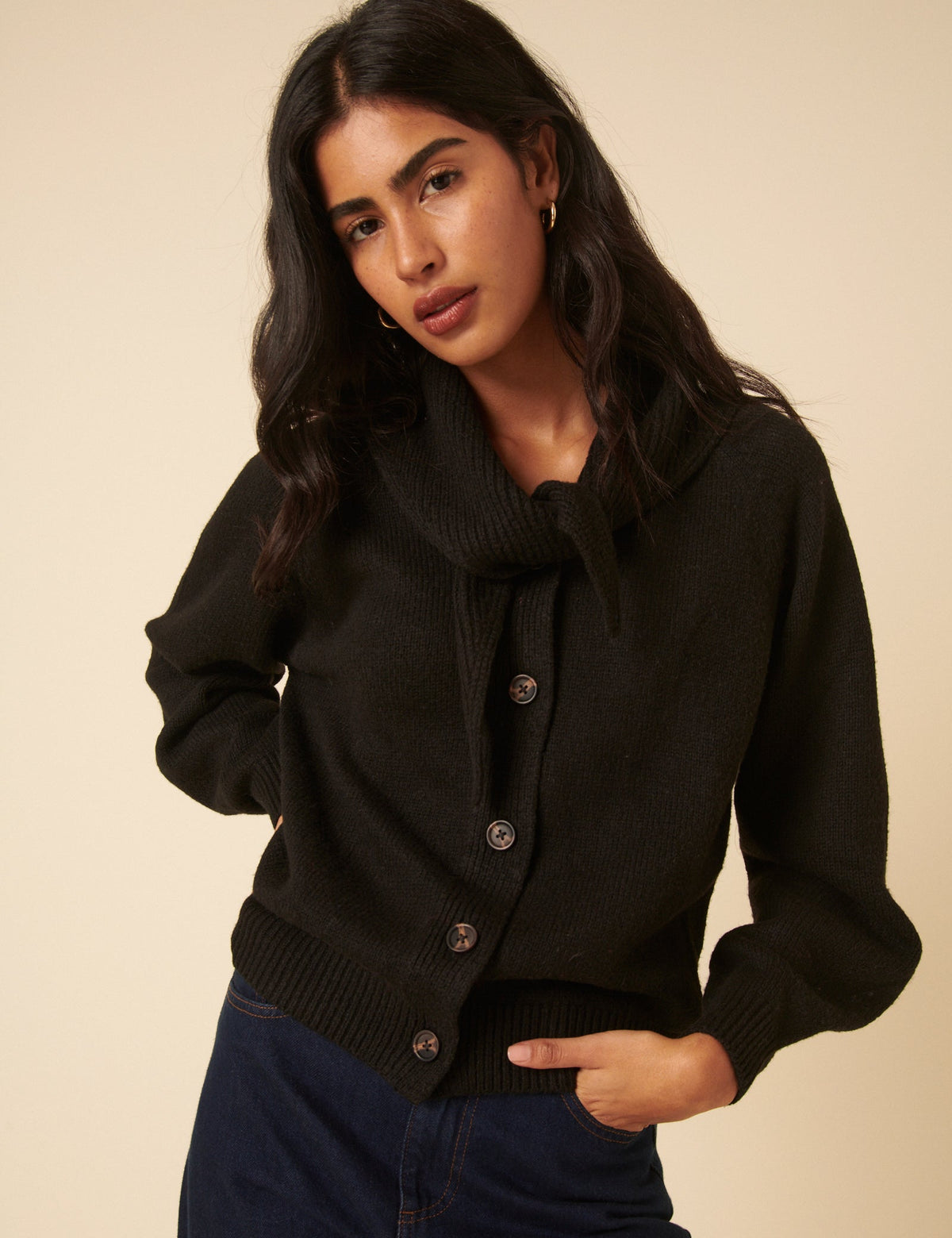 Black Scarf Neck Cardigan