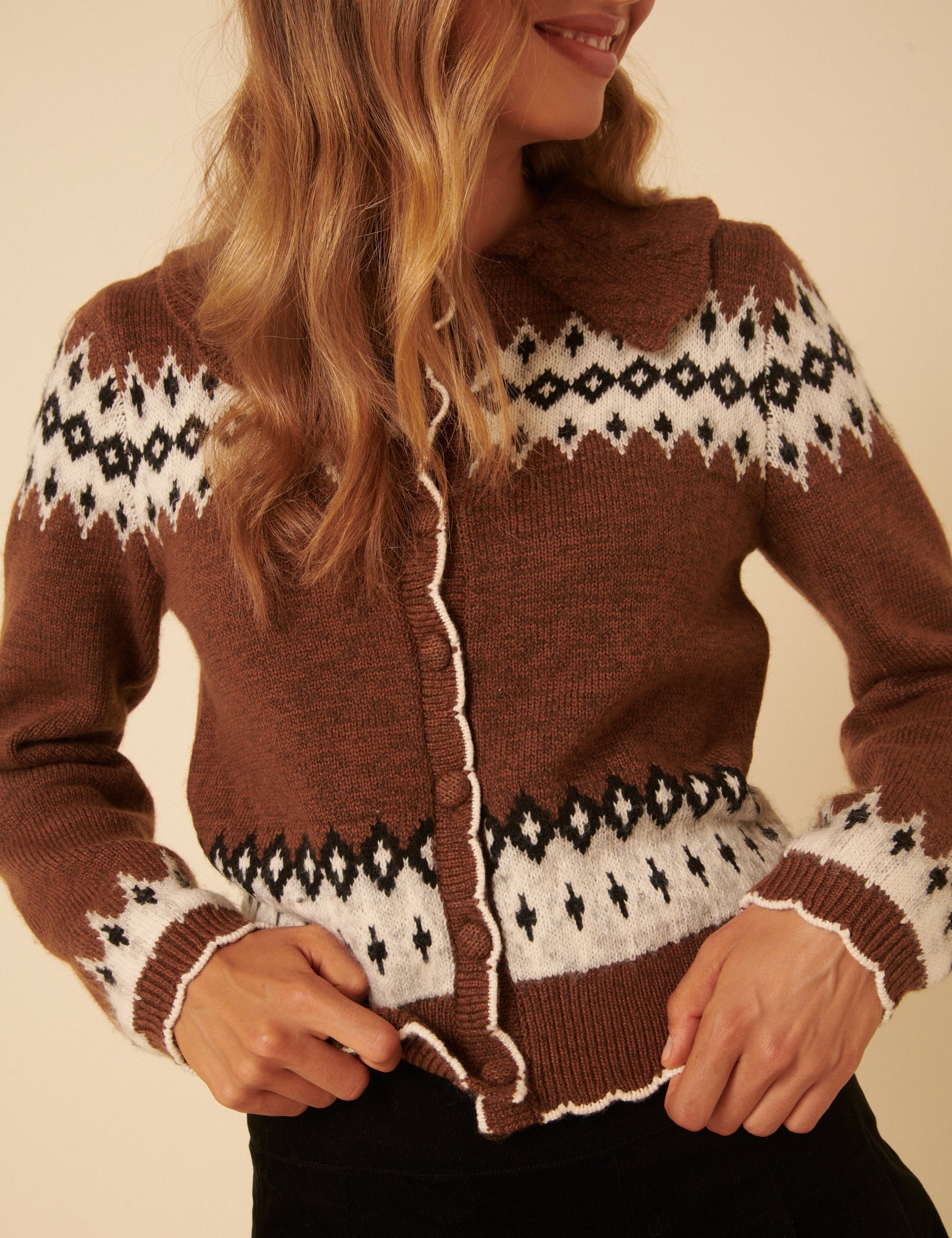 Brown And White Fair Isle Collared Cardigan