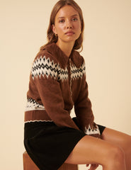 Brown And White Fair Isle Collared Cardigan