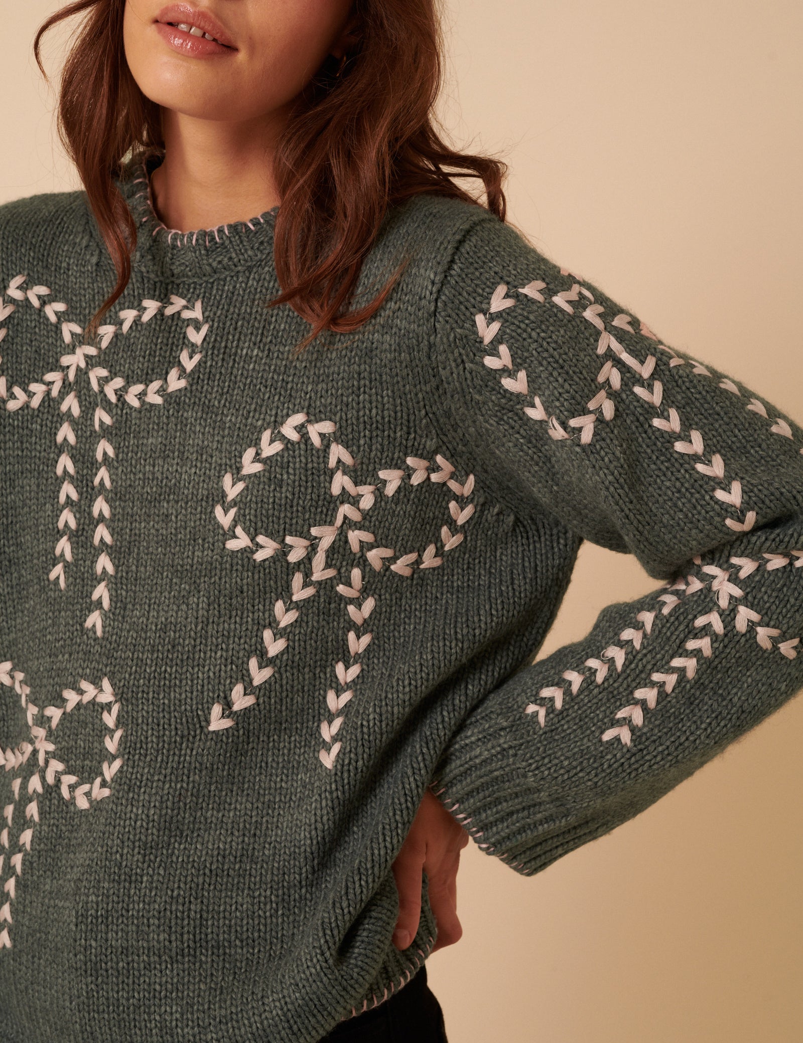 Green Bow Embroidered Knitted Jumper