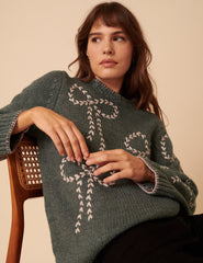 Green Bow Embroidered Knitted Jumper