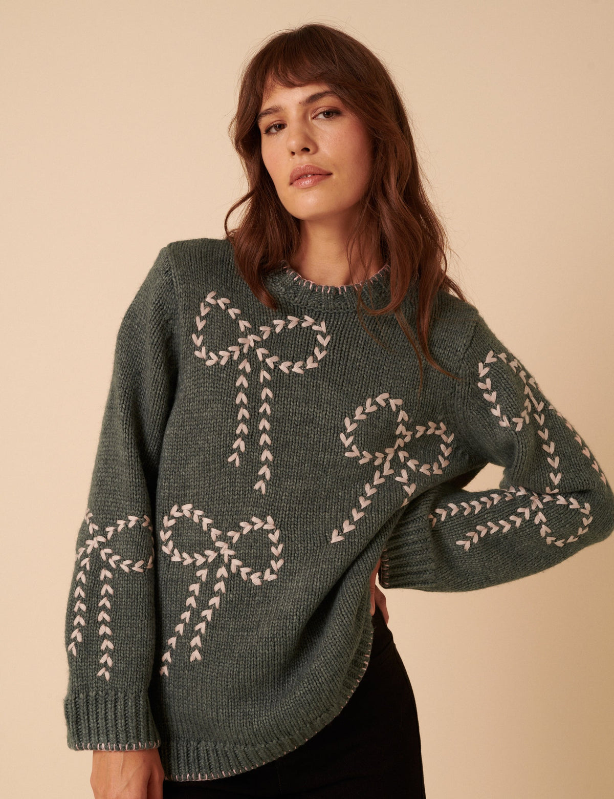 Green Bow Embroidered Knitted Jumper
