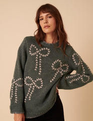 Green Bow Embroidered Knitted Jumper