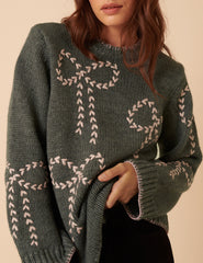 Green Bow Embroidered Knitted Jumper