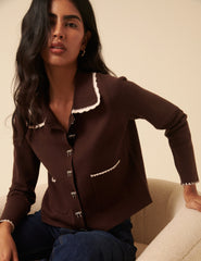 Brown Crochet Collar Bow Button Cardigan
