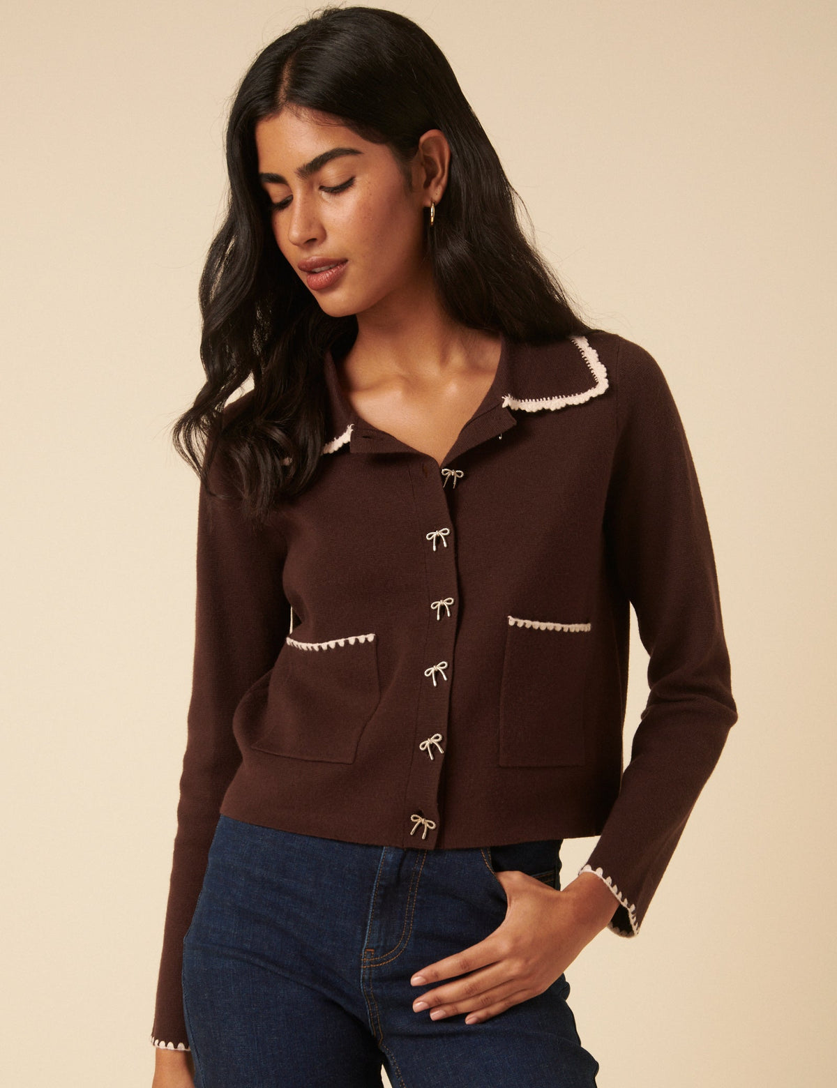 Brown Crochet Collar Bow Button Cardigan
