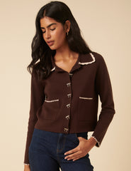 Brown Crochet Collar Bow Button Cardigan