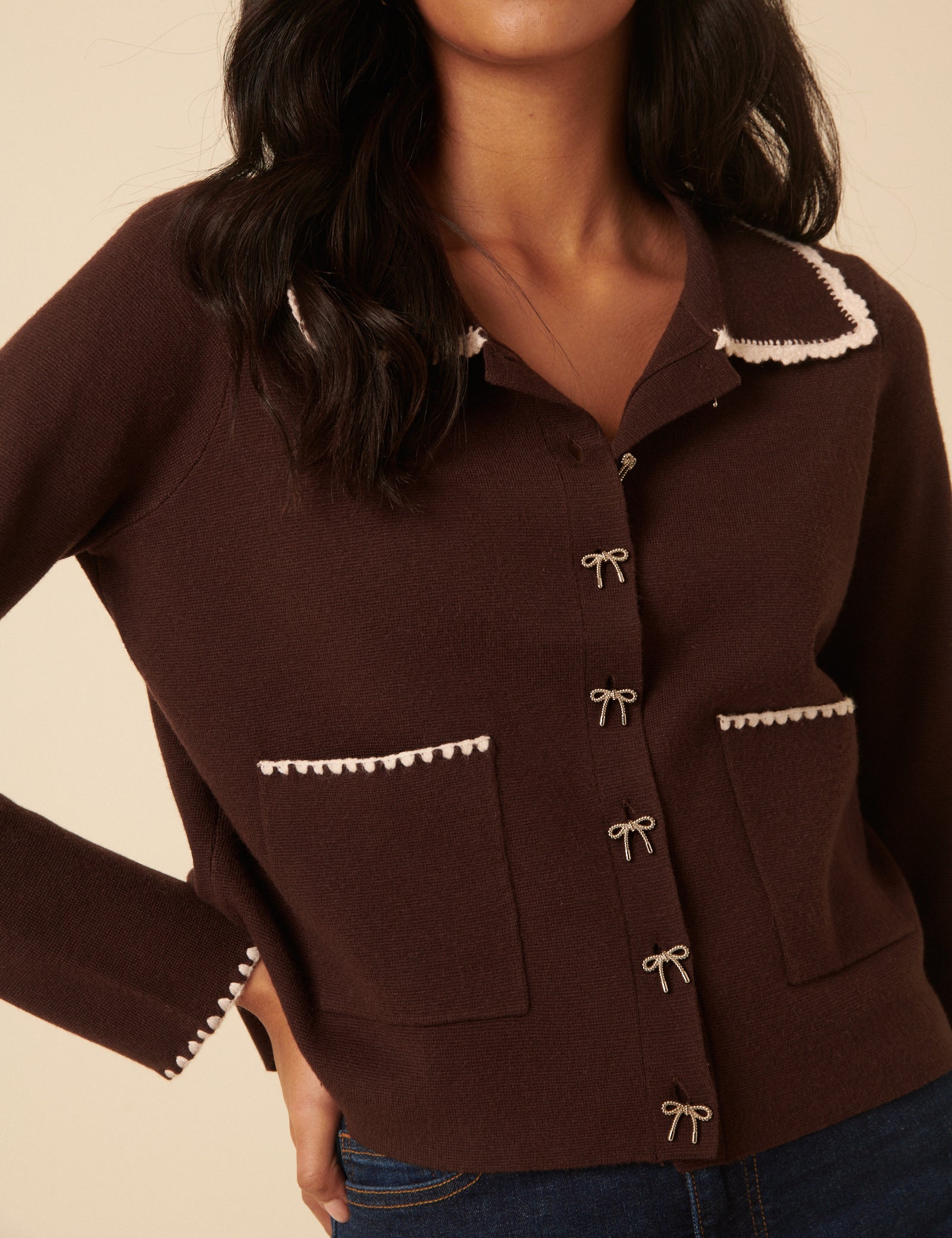 Brown Crochet Collar Bow Button Cardigan