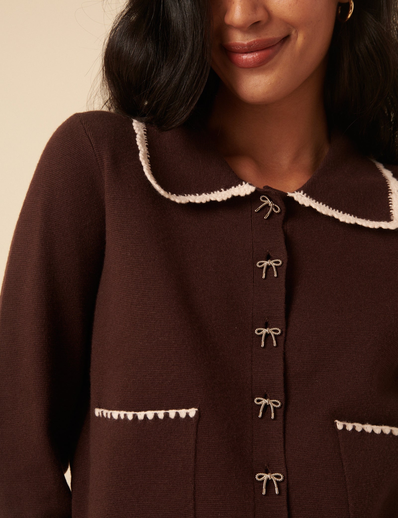 Brown Crochet Collar Bow Button Cardigan