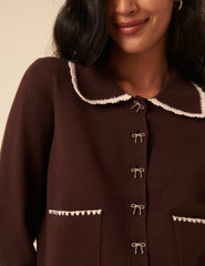 Brown Crochet Collar Bow Button Cardigan