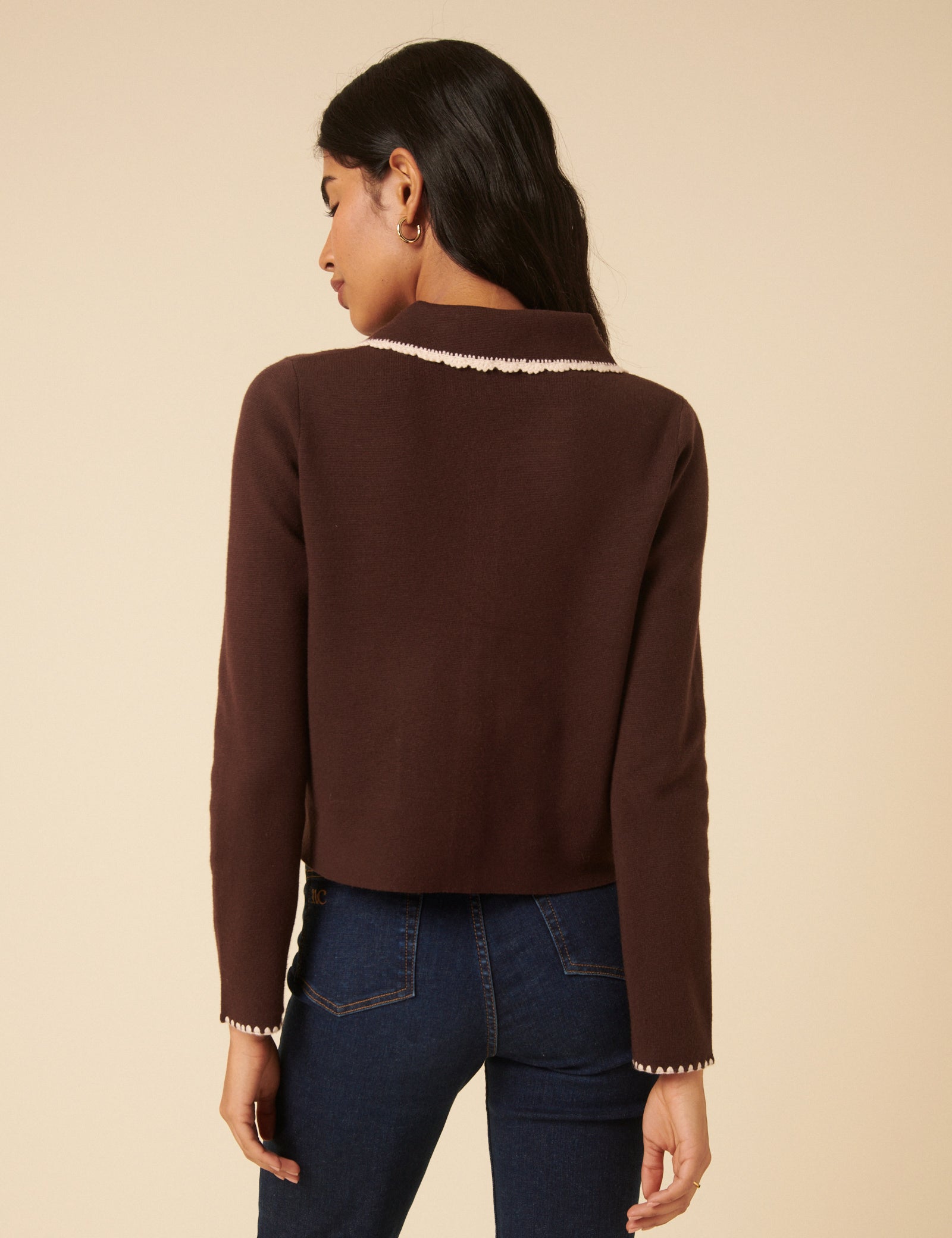 Brown Crochet Collar Bow Button Cardigan