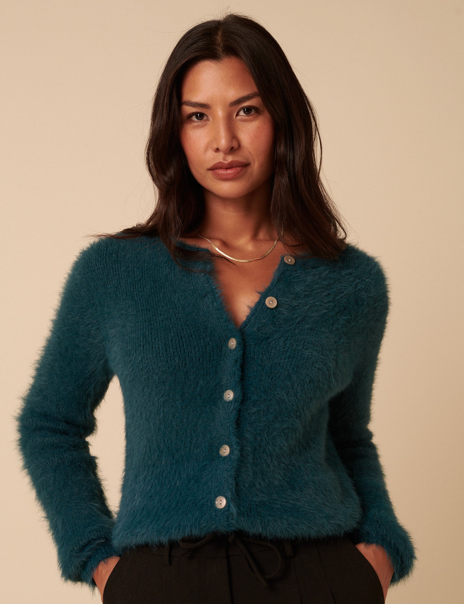 Teal Fluffy Long Sleeve Knitted Cardigan