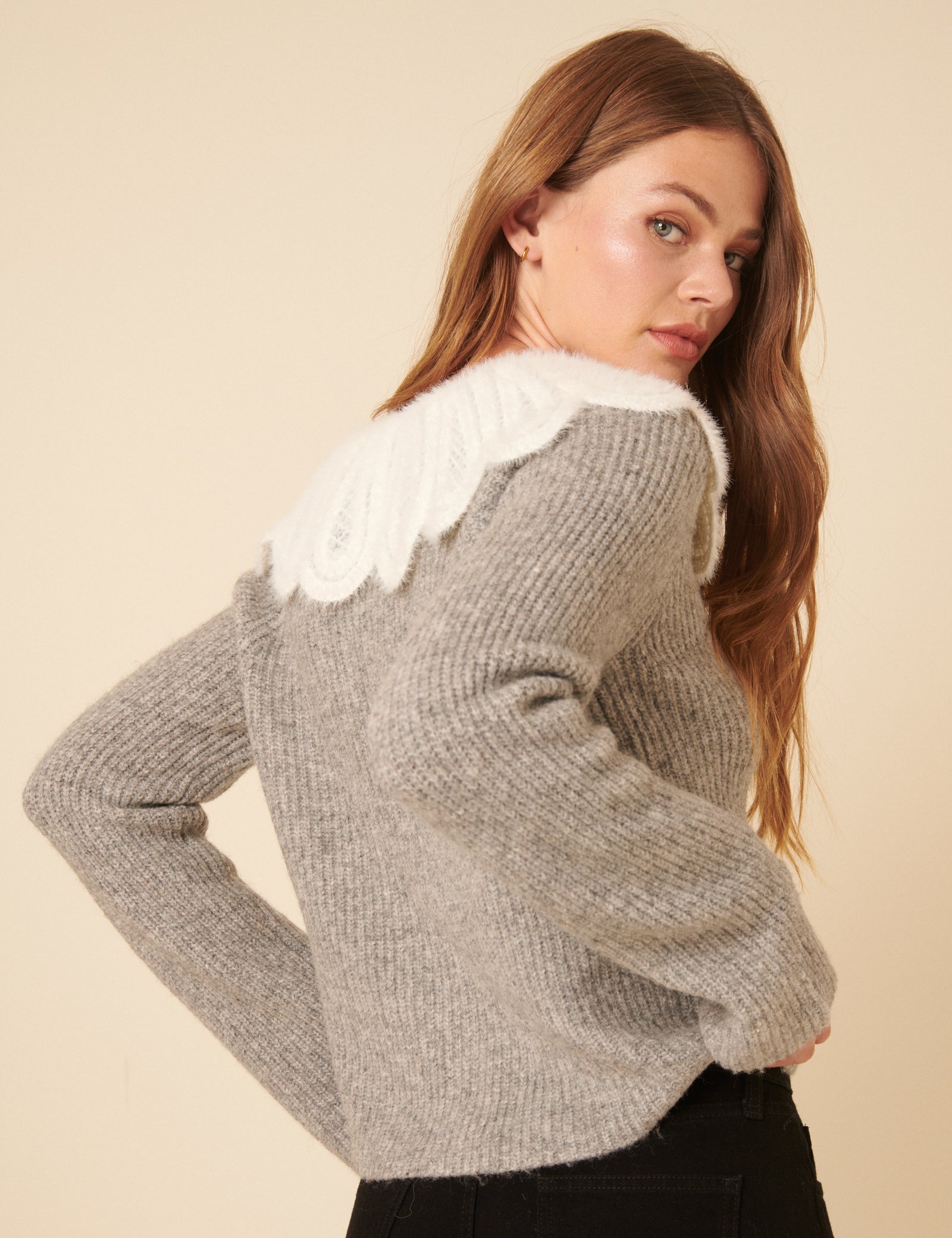 Grey Crochet Collar Knitted Cardigan