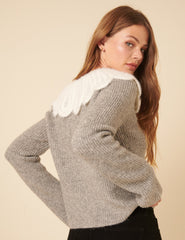 Grey Crochet Collar Knitted Cardigan