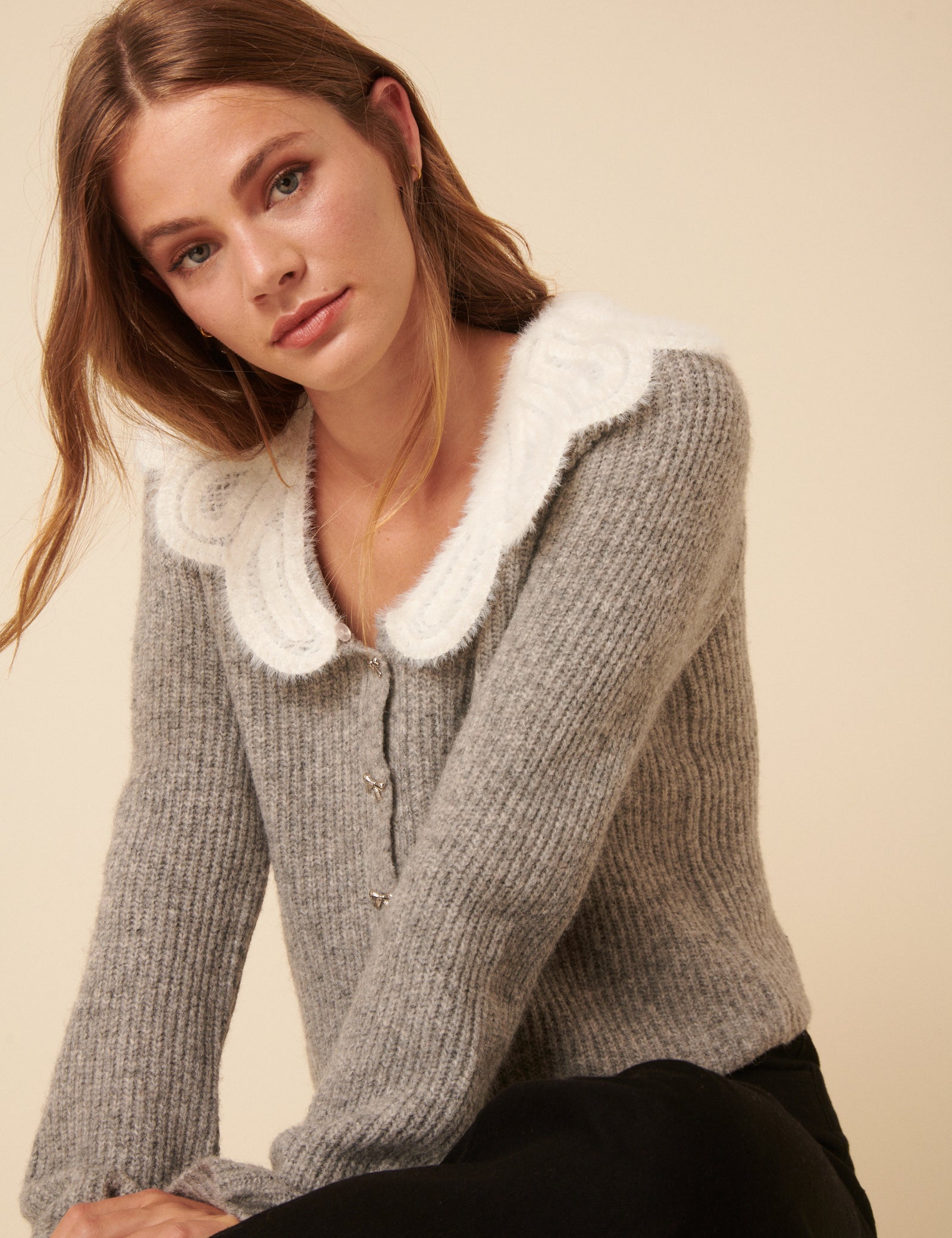 Grey Crochet Collar Knitted Cardigan